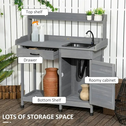 Gray Outdoor Potting Bench With Sink And Faucet ,Hooks,Storage Cabinet
