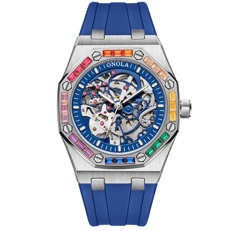 Men's Silicone Band Rainbow Diamond Automatic Mechanical Watch