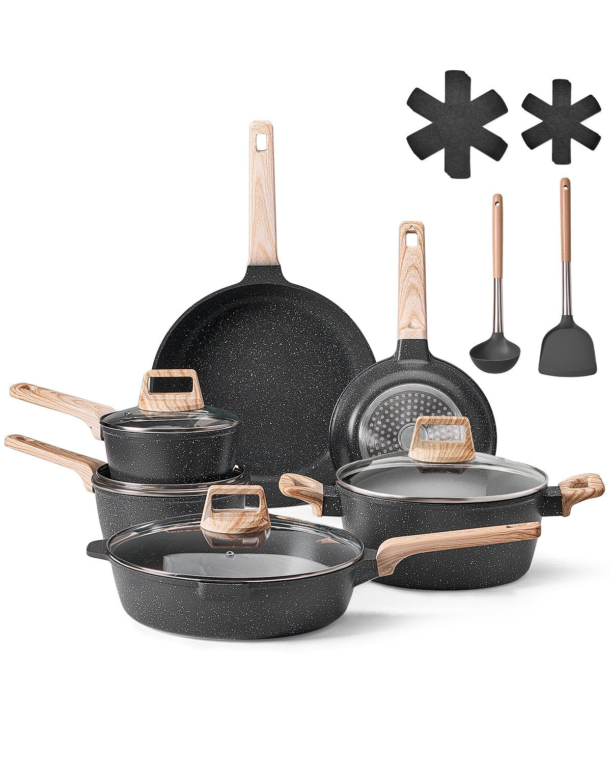 Induktion Töpfe Pfannen Set (17-teilig) Mit Glasdeckel, Antihaftbeschichtetes Kochgeschirr, Induktionskochtöpfe Für Die Küche Im Wohnmobil Zum Braten, Würzen Von Soßen Und Kochen (Schwarz)