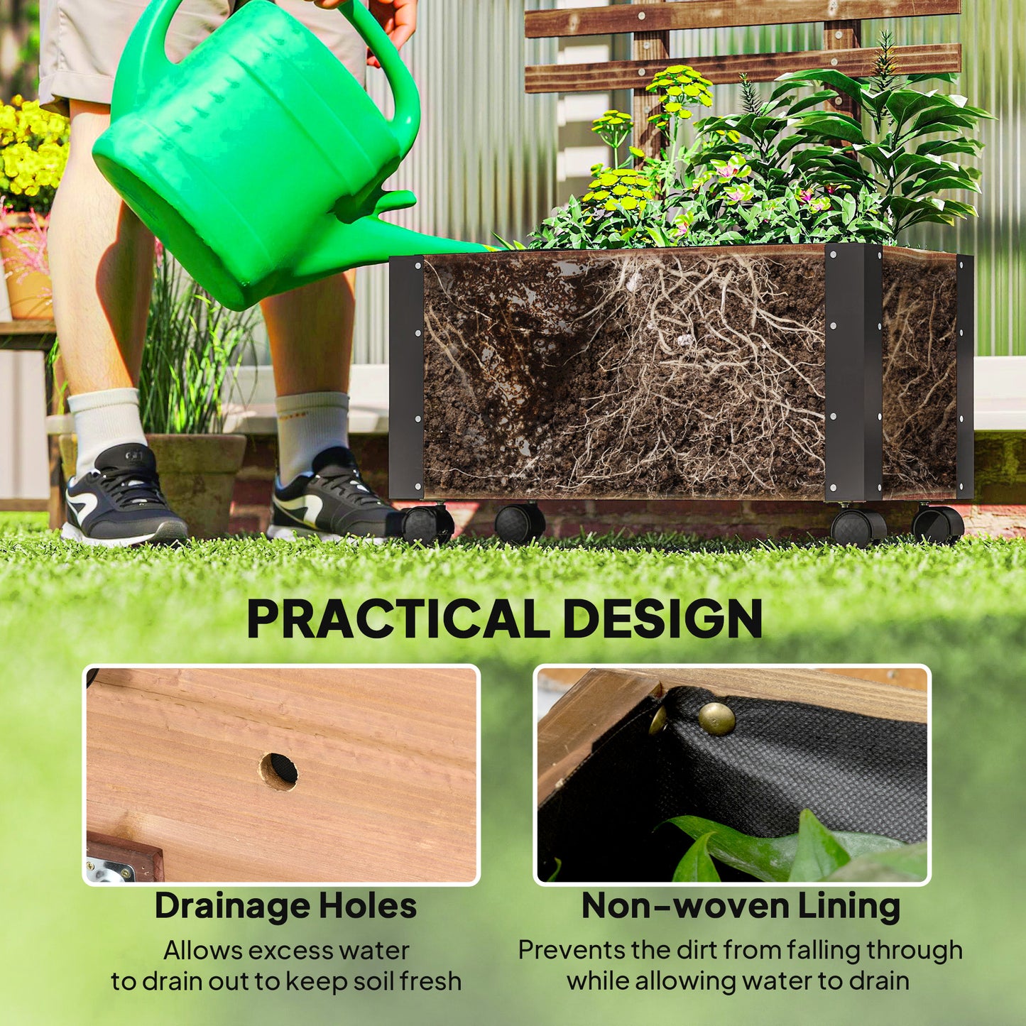 Wooden Raised Garden Bed, Planter Box w/ Trellis and Metal Corners, Portable on Wheels for Patio, Backyard, Deck, Brown