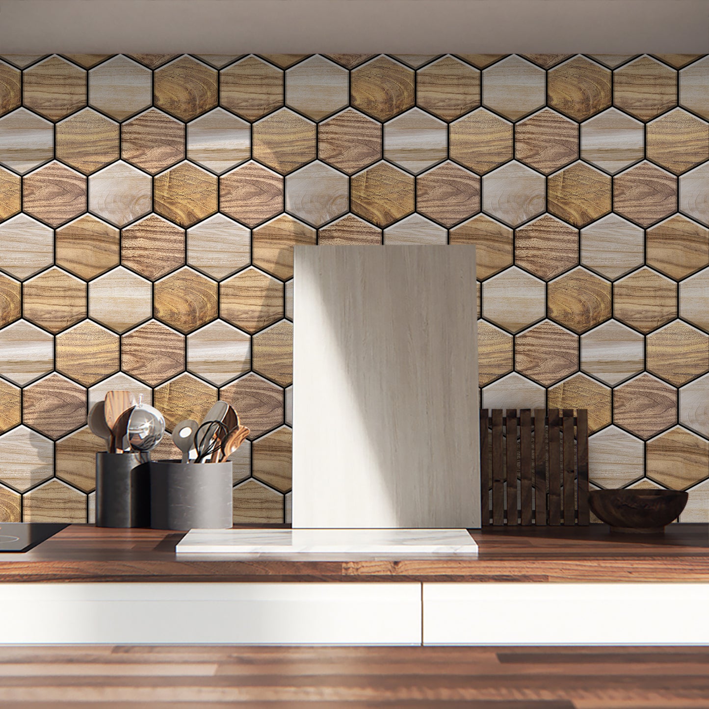 Hexagonal Peel Back Tiles, Kitchen And Bathroom Stickers, Wood Grain PVC Waterproof And Oil Proof Easy To Install Self-adhesive Wall Stickers Smooth And Easy To Clean