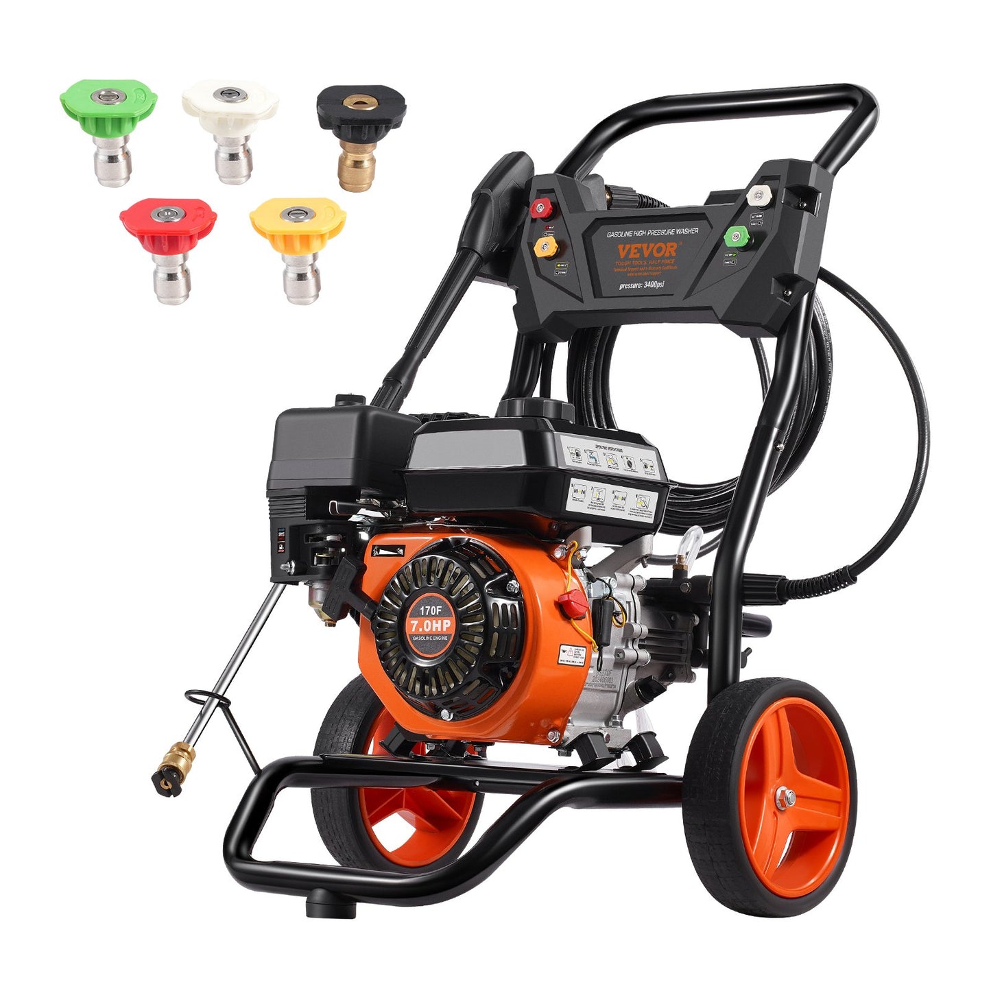 Benzin-Hochdruckreiniger, 3400 PSI 2,6 GPM, Terrassenreinger 10 L/min Mit Aluminiumpumpe, Hochdruckpistole & Verlängerungsstab, 5-Düsen-Set, Für Autos, Zäune, Häuser, Terrassen, Vertikal