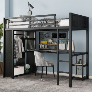 Twin XL Size Loft Bed Frame With Built-in Wardrobe, Metal Loft Bed With Desk And Storage Shelves, Black