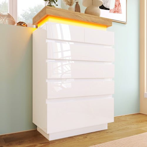Chest Of Drawers,High-gloss Sideboard Cabinet With 6 Drawers,Storage With RGB LED App-controlled,Multi-purpose Cabinet For Living Room And Bedroom, 115 X 73 X 39 Cm, White