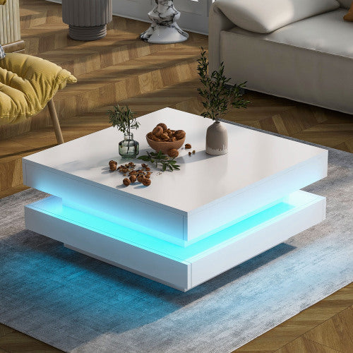 White Square High Gloss Coffee Table With 360 Rotating Top, Tea Table With 16-Color LED Light, 70x70x36 Cm