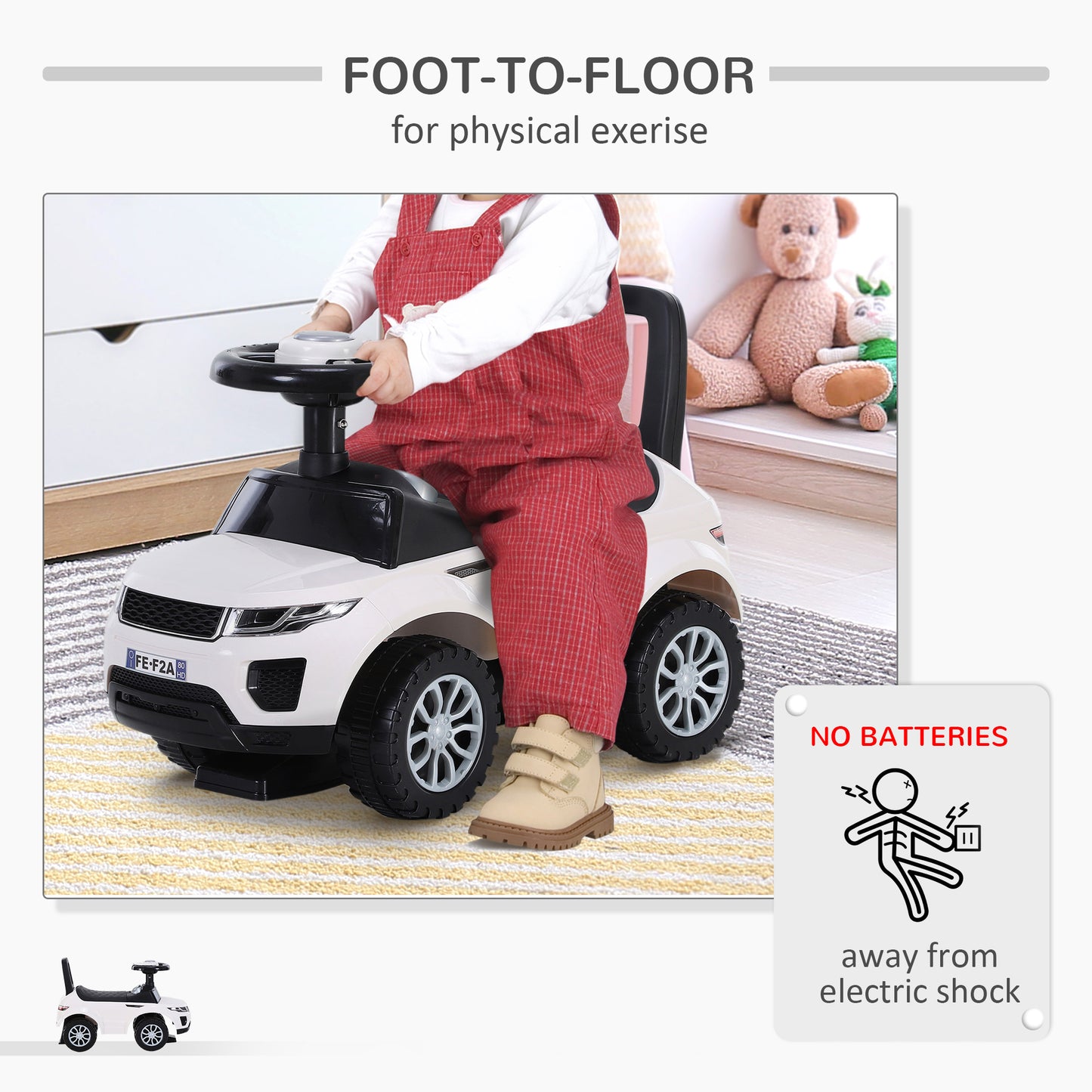 3-in-1 Ride On Car Foot To Floor Slider Toddler W/ Horn Steering Wheel NO POWER Manual Under Seat Storage Safe Design For 1-3 Year Old White