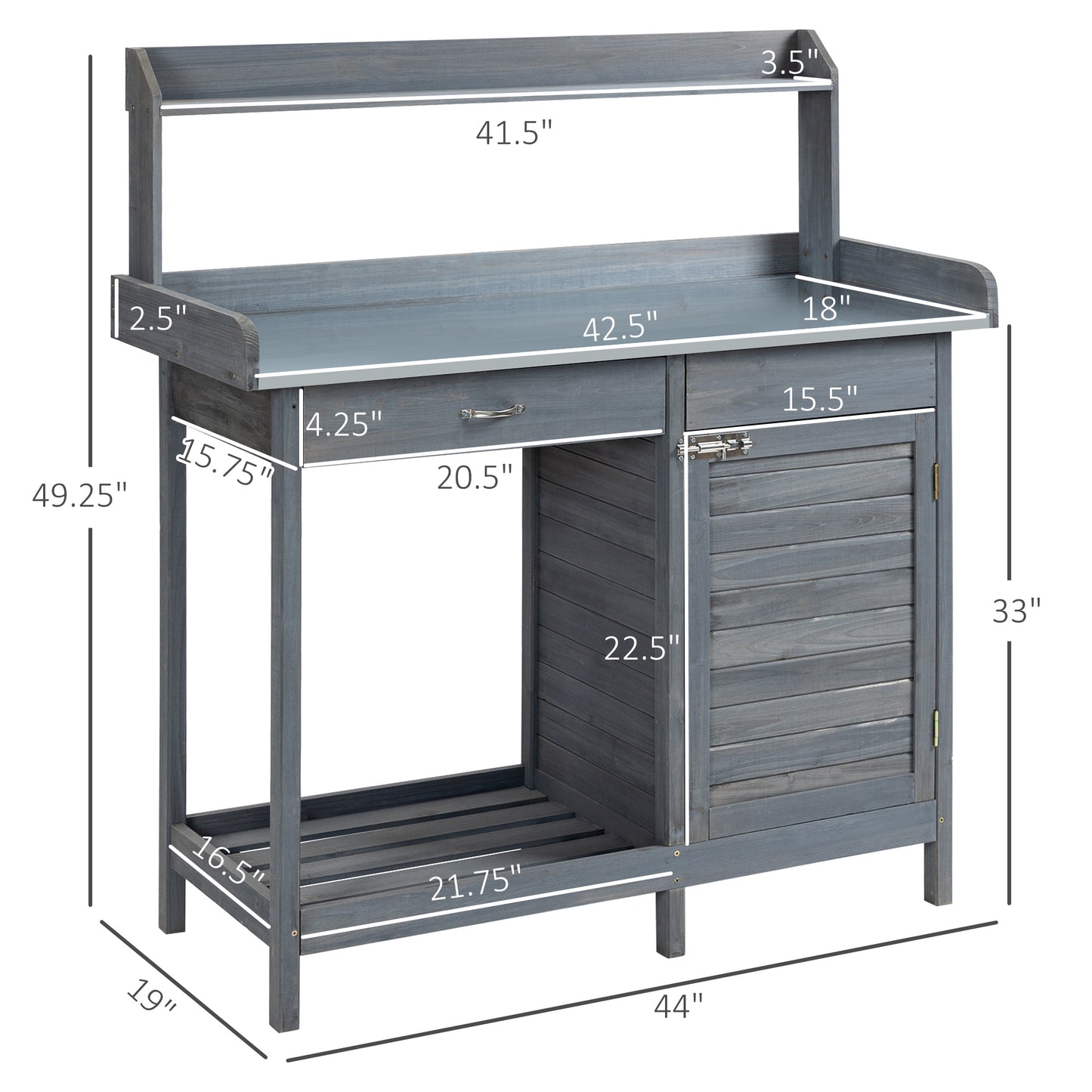 Outdoor Potting Bench Table, Garden Work Station with Storage Cabinet, Open Shelf and Steel Tabletop, Gray