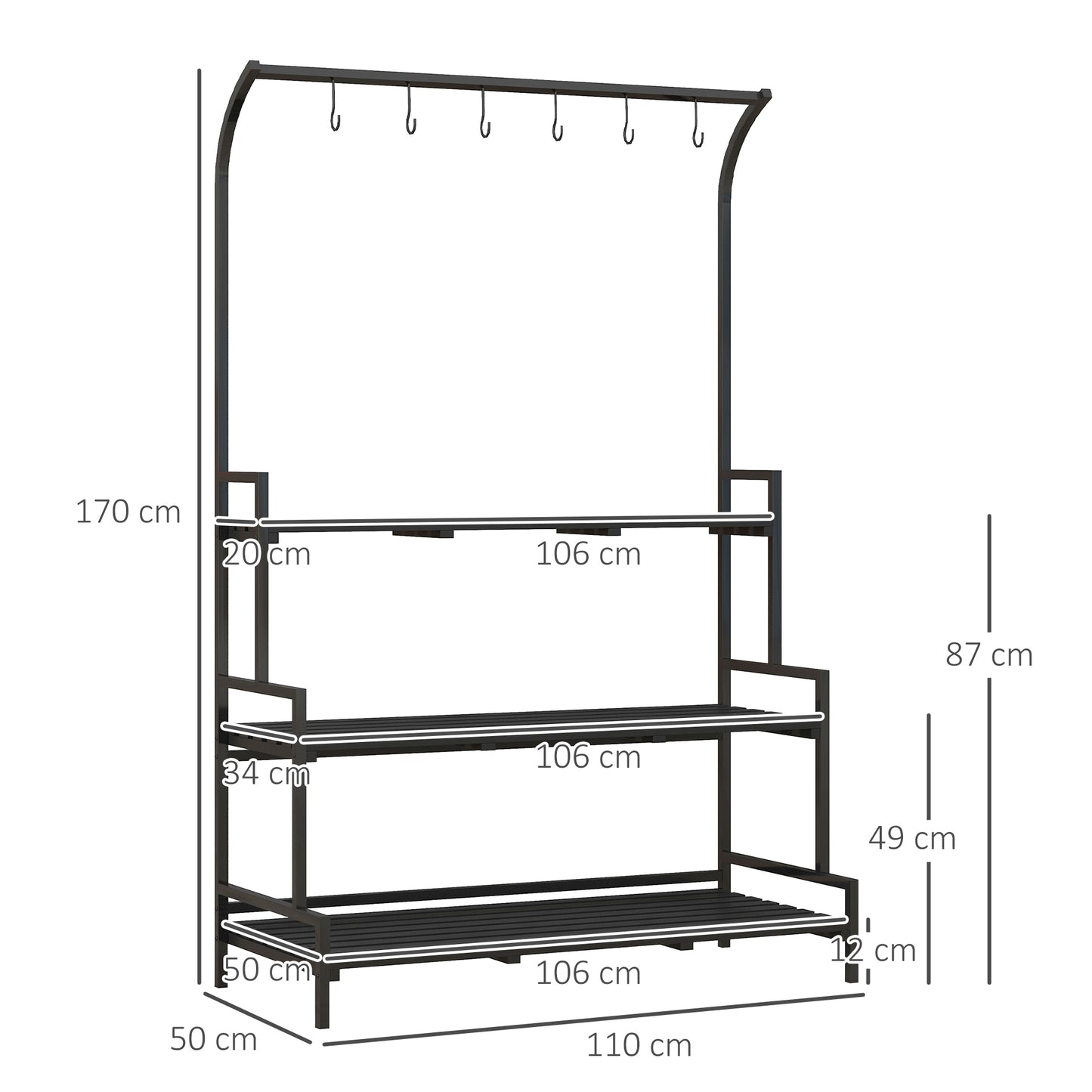 3 Tiered Plant Rack With Hanging Hooks, Tall Plant Stand For Indoor Outdoor Porch Balcony Use, Black