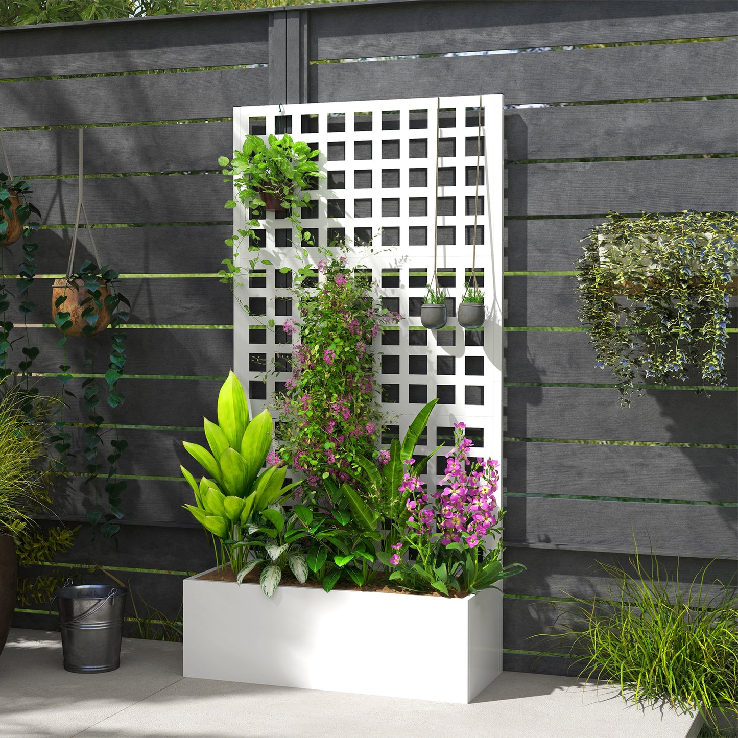 Galvanized Raised Garden Bed Planter Box with Trellis for Climbing Plants, Vegetable, Vines, 35" x 16" x 70", White