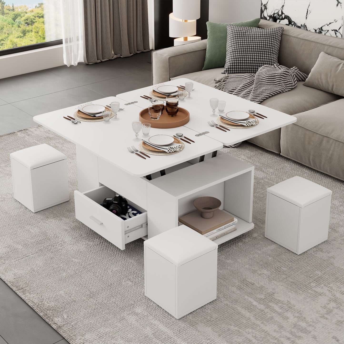 Lift Top Coffee Table With Wheels,  Convertible Dining & Work Table With 4 Stools, Hidden Storage, Extendable Side Table, Space-saving End Table,Tea Table, White, 100x50x45cm Folded