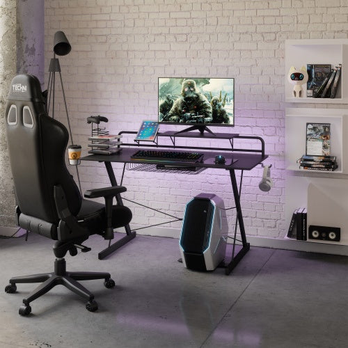 Techni Sport TS-200 Carbon Computer Gaming Desk With Shelving, Black