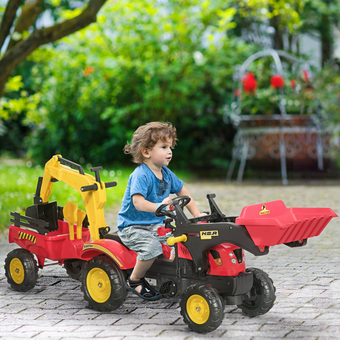 Kids Ride On Excavator Toy Pedal Powered Digger With 6 Wheels Detachable Trailer Controllable Bucket For Ages 3-6