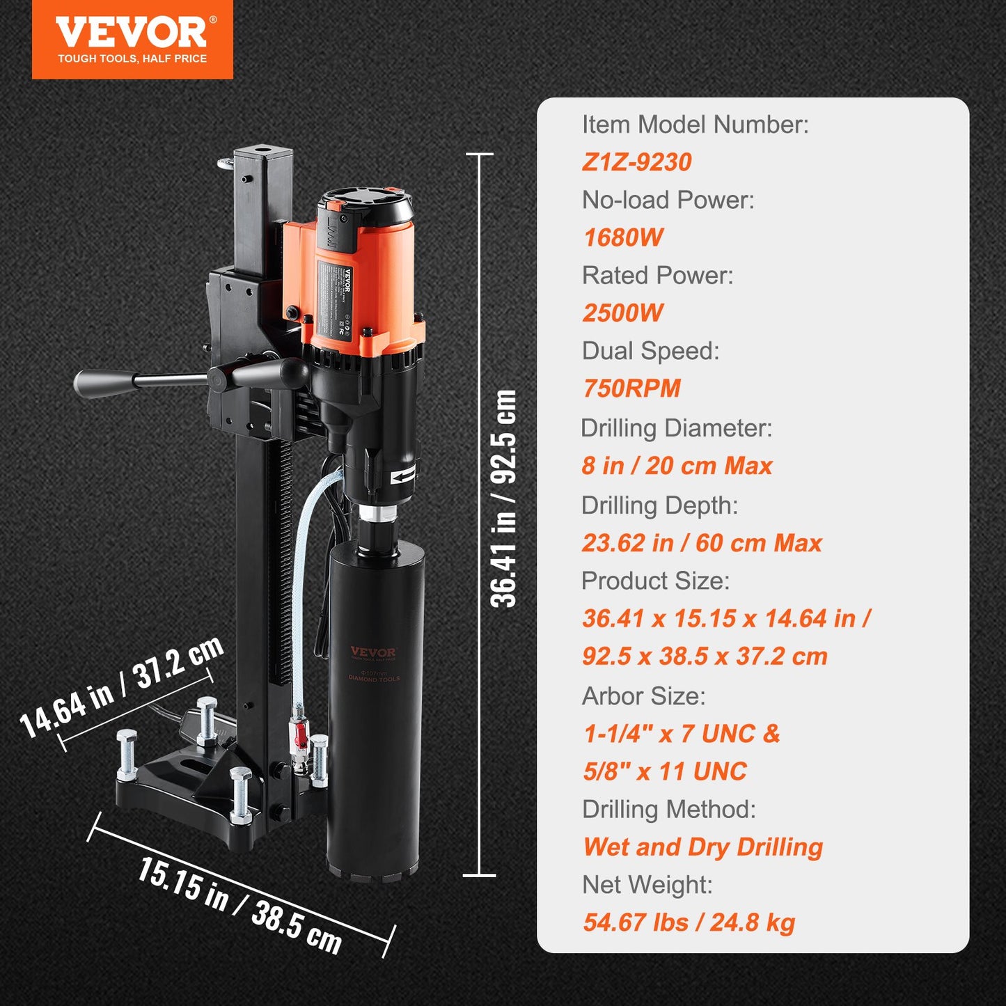 Diamond Core Drilling Machine, 8in Wet&Dry Concrete Core Drill Rig With Stand, 750RPM Speed