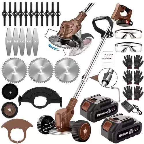 21V Electric Weed Eater With Wheels,Cordless Battery Weed Wacker With Charger, 2Batteries,3 In 1 Brush Cutter String Trimmer Grass Trimmer Lawn Mower,Edger For Garden And Yard Lawn,dealsforyoudays