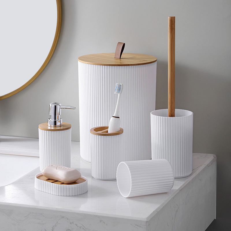 Affordable Luxury Bamboo And Wood Bathroom Set Washbasin Accessories Hydraulic Cup Soap Dish Toothbrush Holder