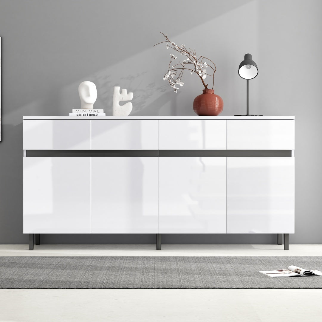 Storage Cabinet, Sideboard Buffet With 4 Drawers 4 Doors , Highboard Cabinet With Adjustable Shelves, Chest Of Drawers, Standing Cabinet, Cupboard Buffet For Living Room, Kitchen, 160X40X68cm, White
