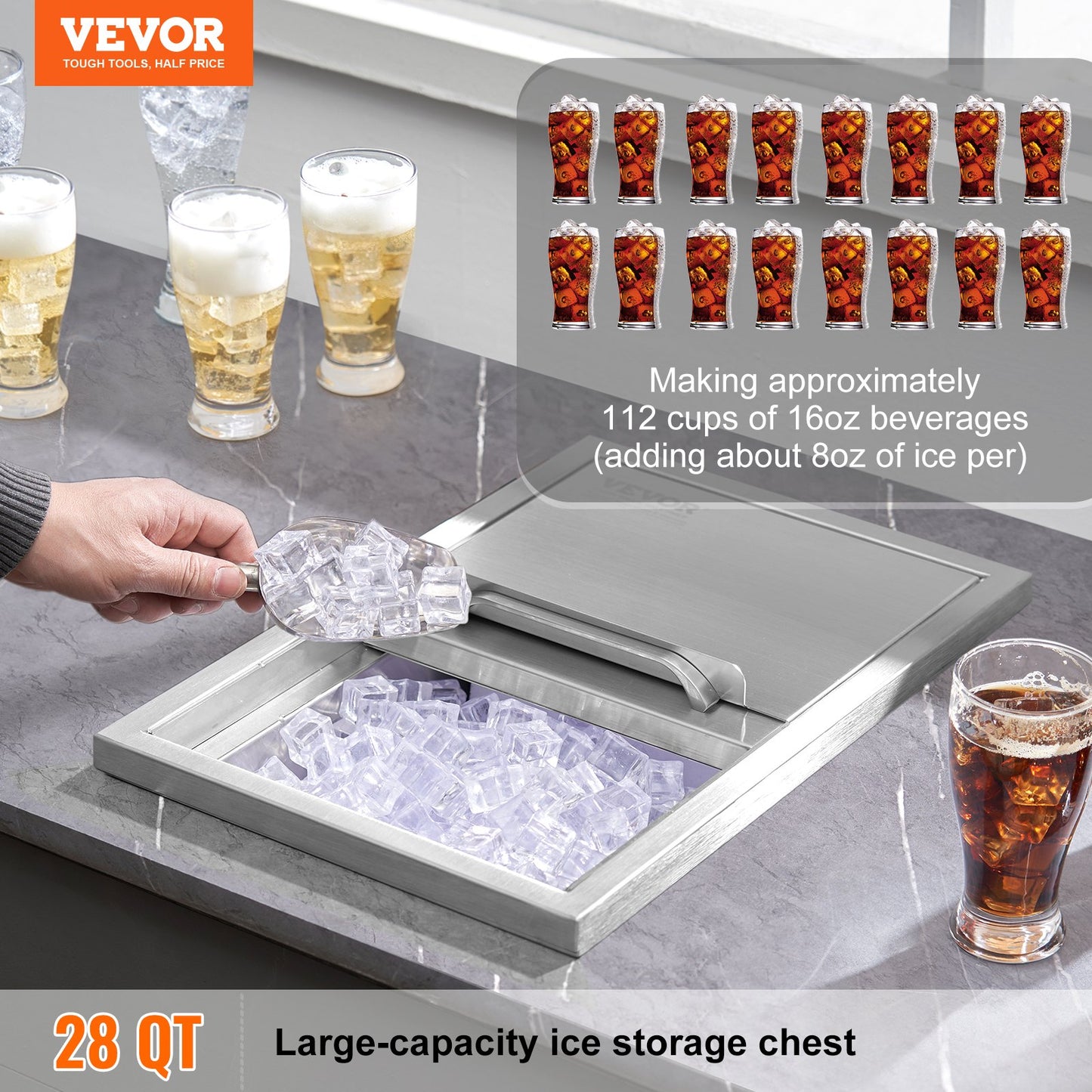26,7 L Drop-in-Eisbox, 456 X 304 X 371 Mm Edelstahl-Eiskühler, Kommerzieller Eisbehälter Mit Schiebedeckel, Eingebaute Eisspeichertruhe, Abflussrohr & Ablassstopfen Im Lieferumfang Enthalten