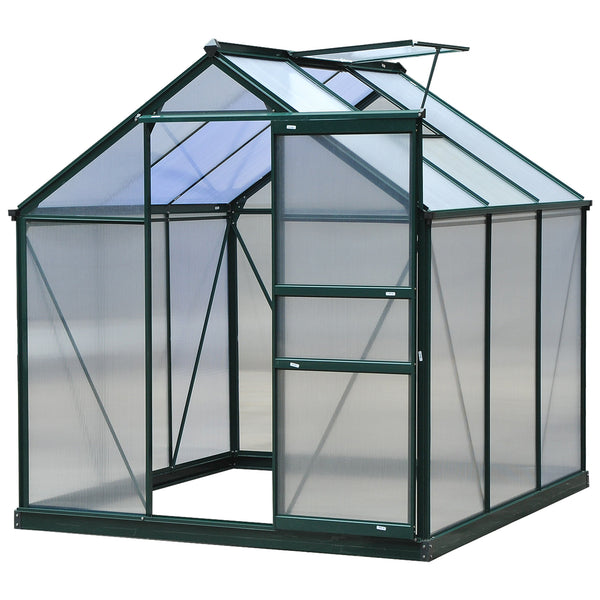 6 X 6ft Polycarbonate Greenhouse, Large Walk-In Green House With Slide Door And Window, Garden Plants Grow House With Aluminium Frame And Foundation, Dark Green