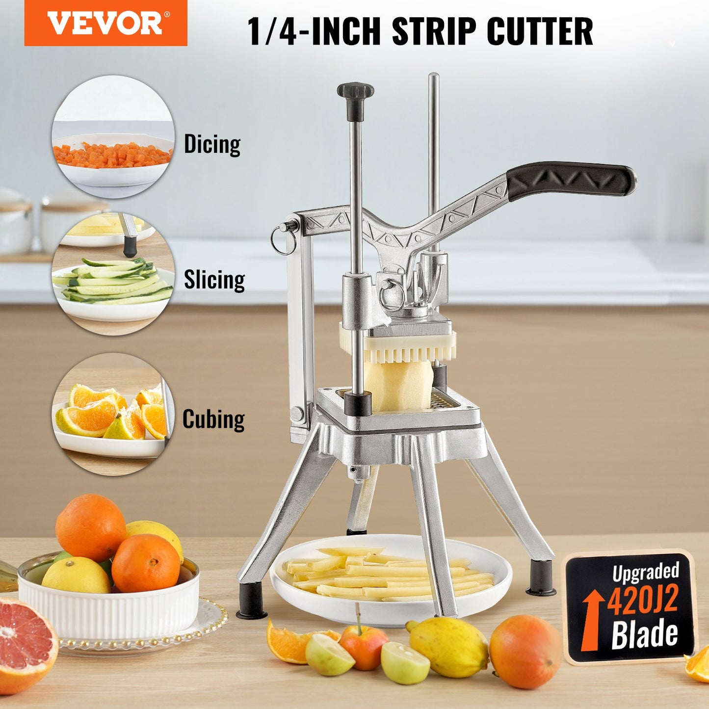 Kartoffelschneider Pommes Frites Schneider 0,64cm Frittenschneider Gemüseschneider Kommerzieller Zerkleinerer Obstschneidemaschine Mit 2 Ersatzklingen, Edelstahl Zerhacker Gemüseschneider