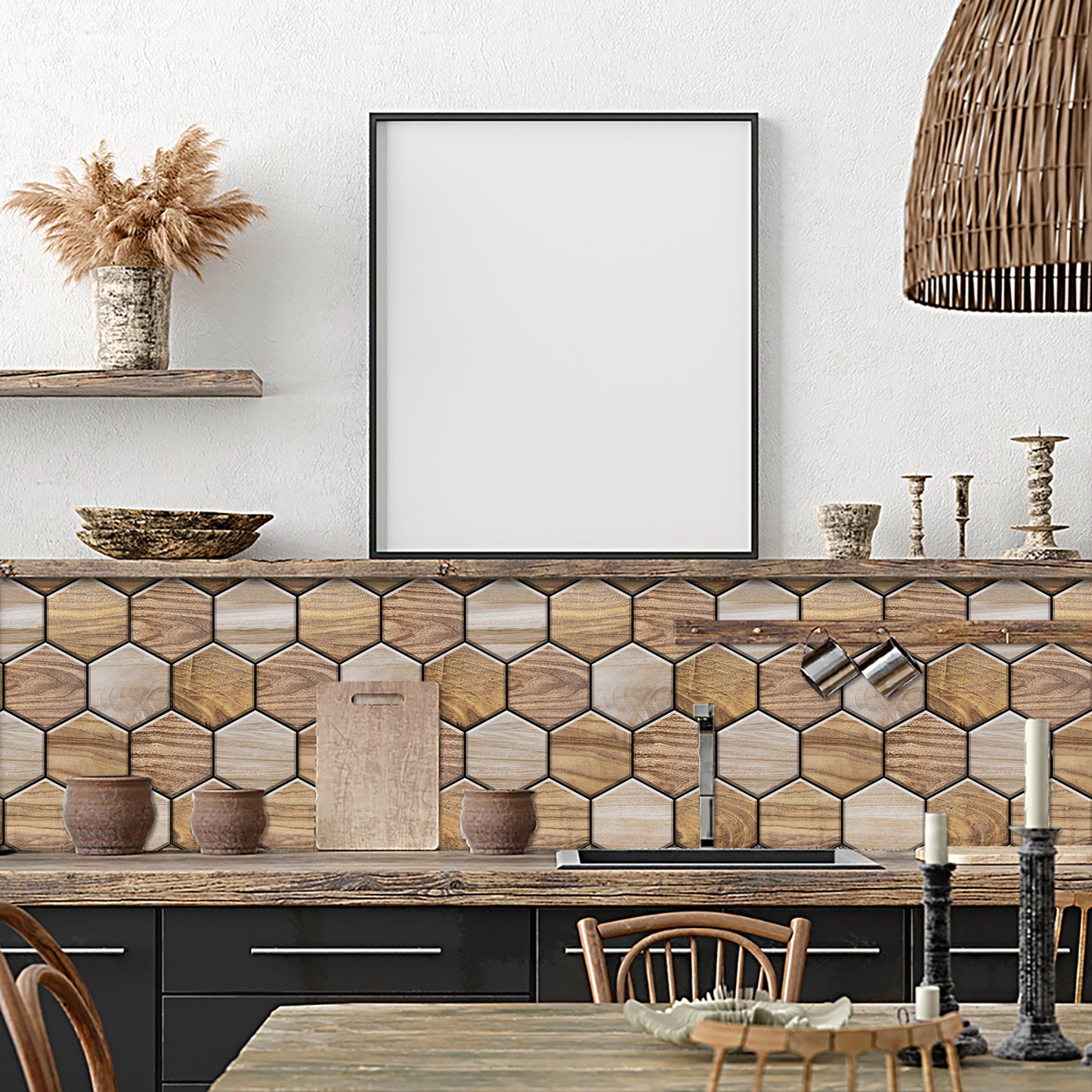 Hexagonal Peel Back Tiles, Kitchen And Bathroom Stickers, Wood Grain PVC Waterproof And Oil Proof Easy To Install Self-adhesive Wall Stickers Smooth And Easy To Clean