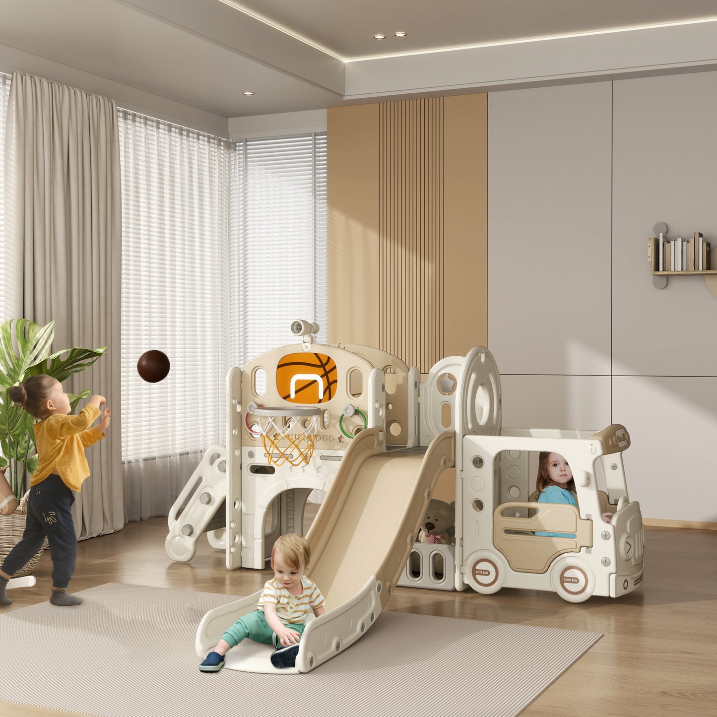 9 in 1 Toddler Slide for Kids Ages 1-6 with Bus Front, Basketball Hoop, Climber, Storage Space, Ring Toss, Cream White