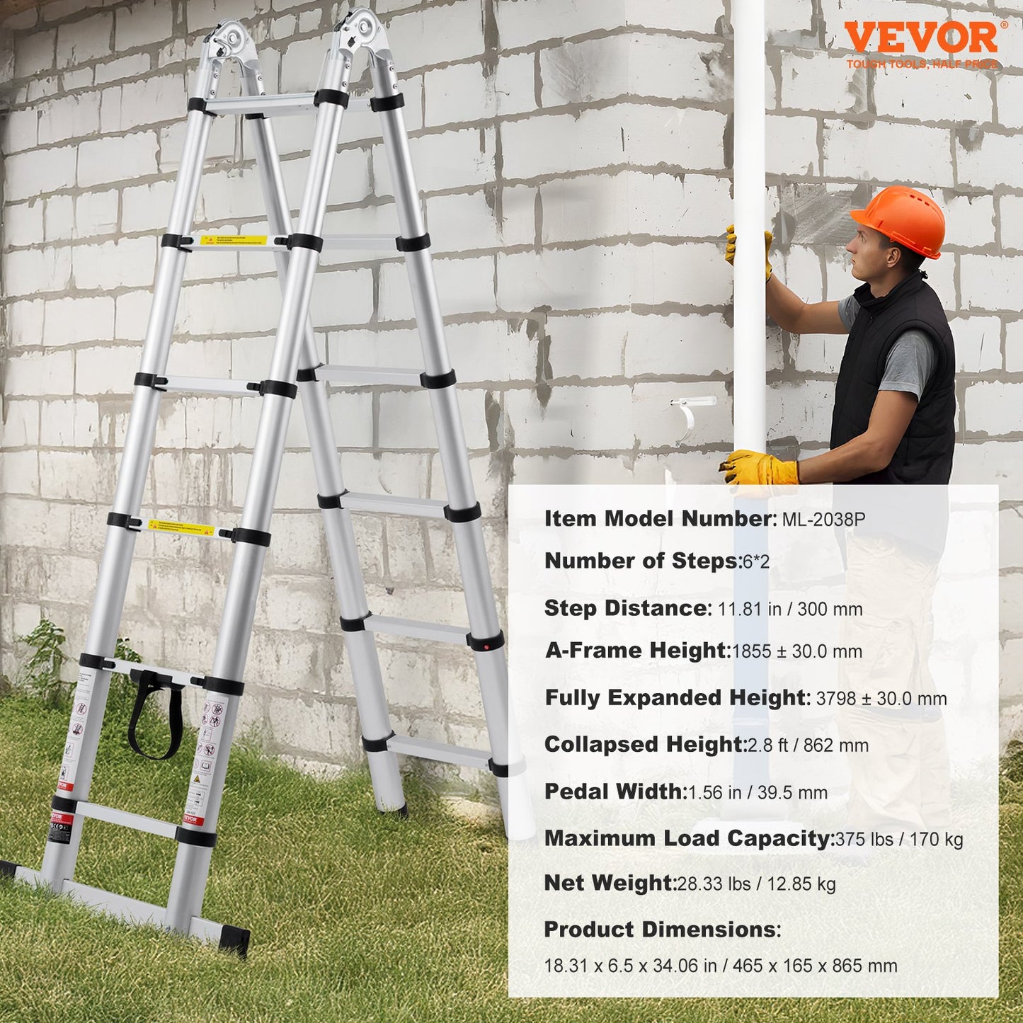 Telescoping Extension Ladder 12.5FT A-Shape W  Stabilizer Bar For RV