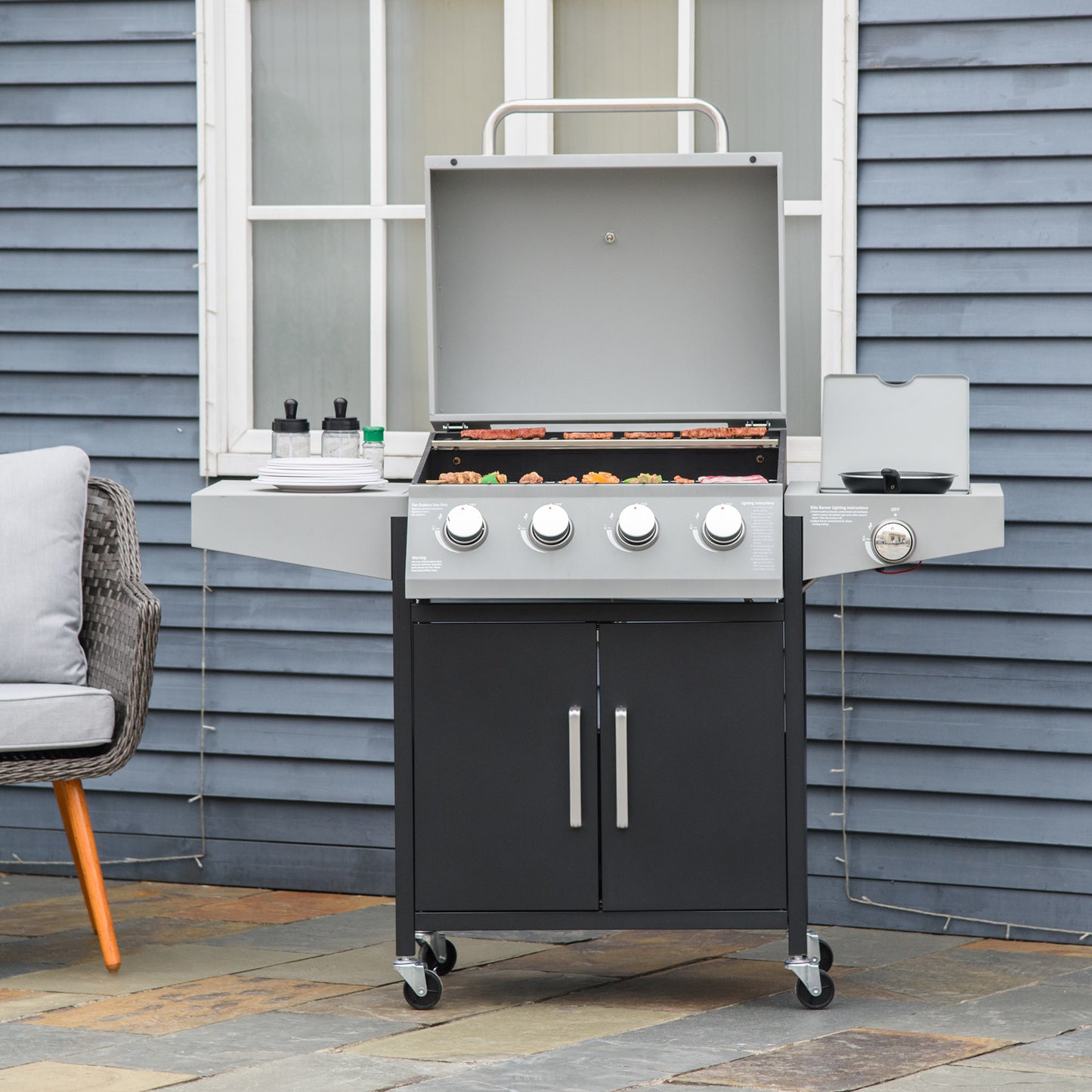 52" Barbecue Grill with Wheels 4+1 Burner Liquid Propane Gas Grill Outdoor Cabinet Style BBQ Trolley w/ Side Burner, Warming Rack, Storage Cabinet