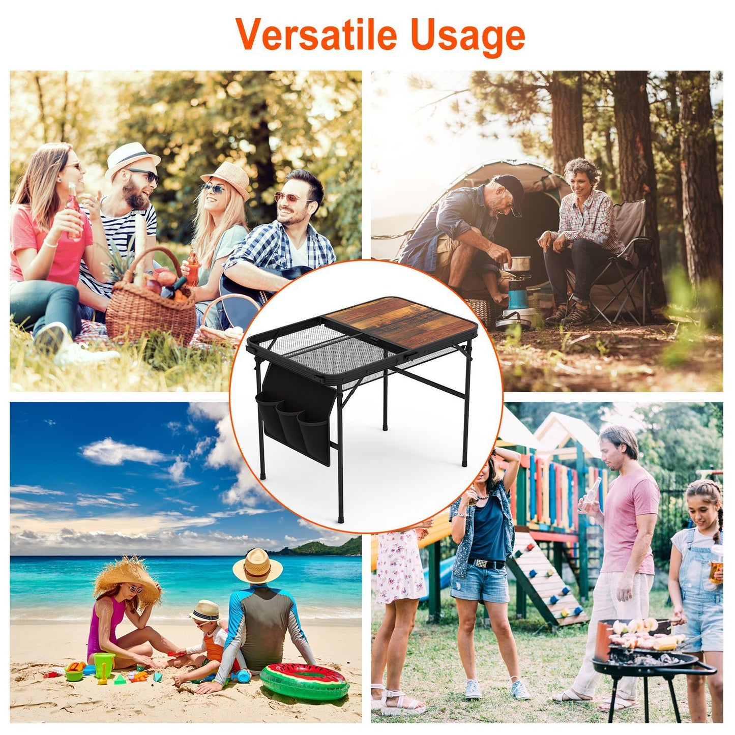 35.43x23.62x26in Foldable Camping Table Collapsible Picnic Aluminum Alloy Grill Stand 66LBS Max Load Height Adjustable BBQ Table With Adjustable Height Storage Net