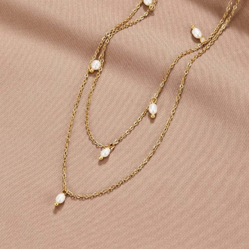 Women's 18K Gold-plated Natural Pearl Double-layer Twin Necklace