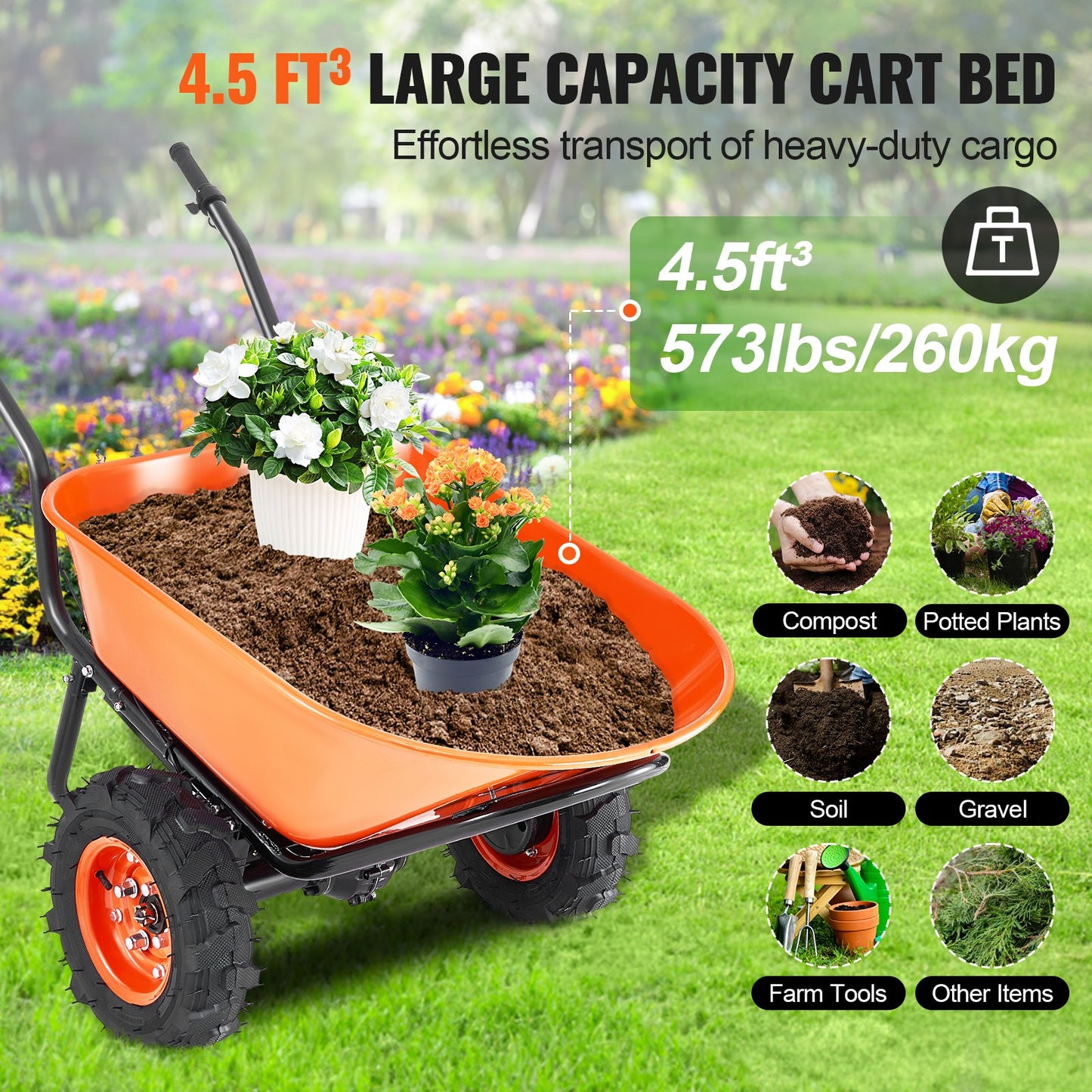 Electric Wheelbarrow Cart, 500W Powered Utility Garden Wagon Dump Cart, 4.5 Cu. Ft. Load & 573 Lbs Capacity With Metal Handle & 16' Track Wheels, Two Wheel Barrow Yard Cart & Wagons For Lawn