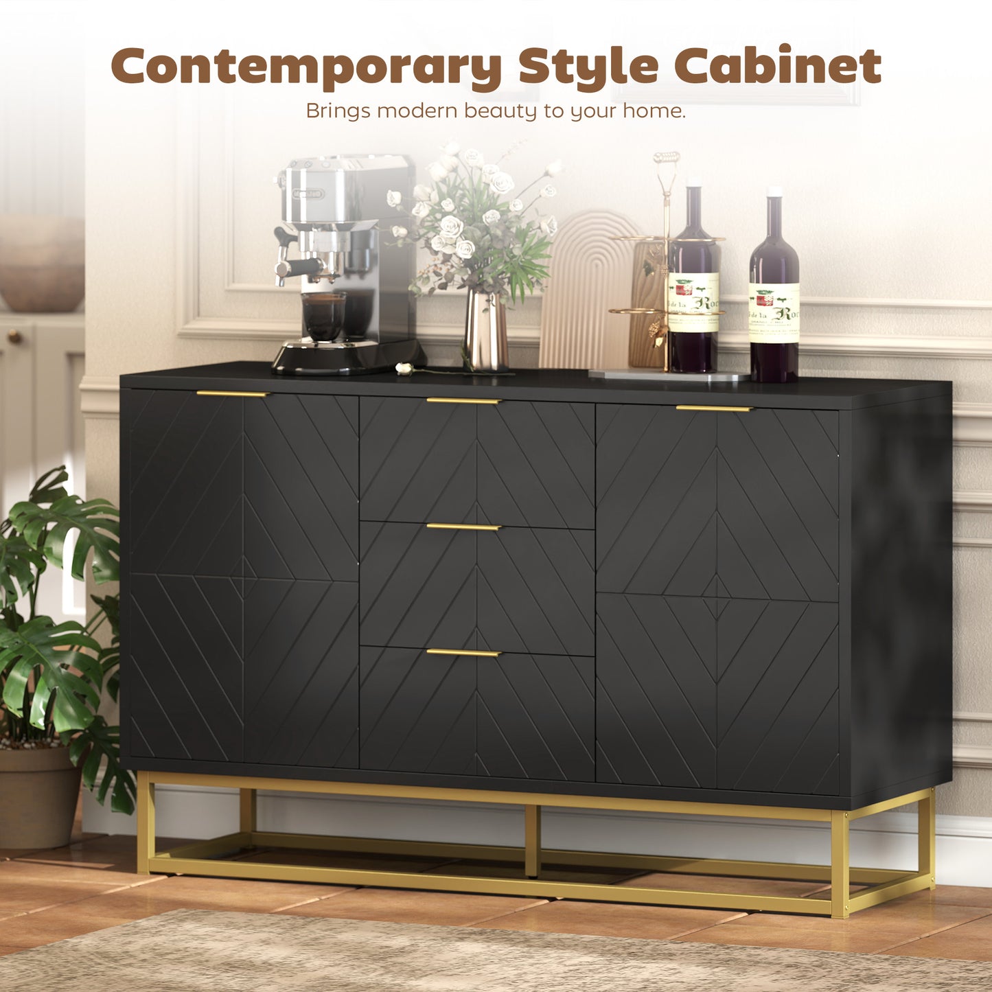 Sideboard With 3 Drawers And Adjustable Shelves For Living Room - Black