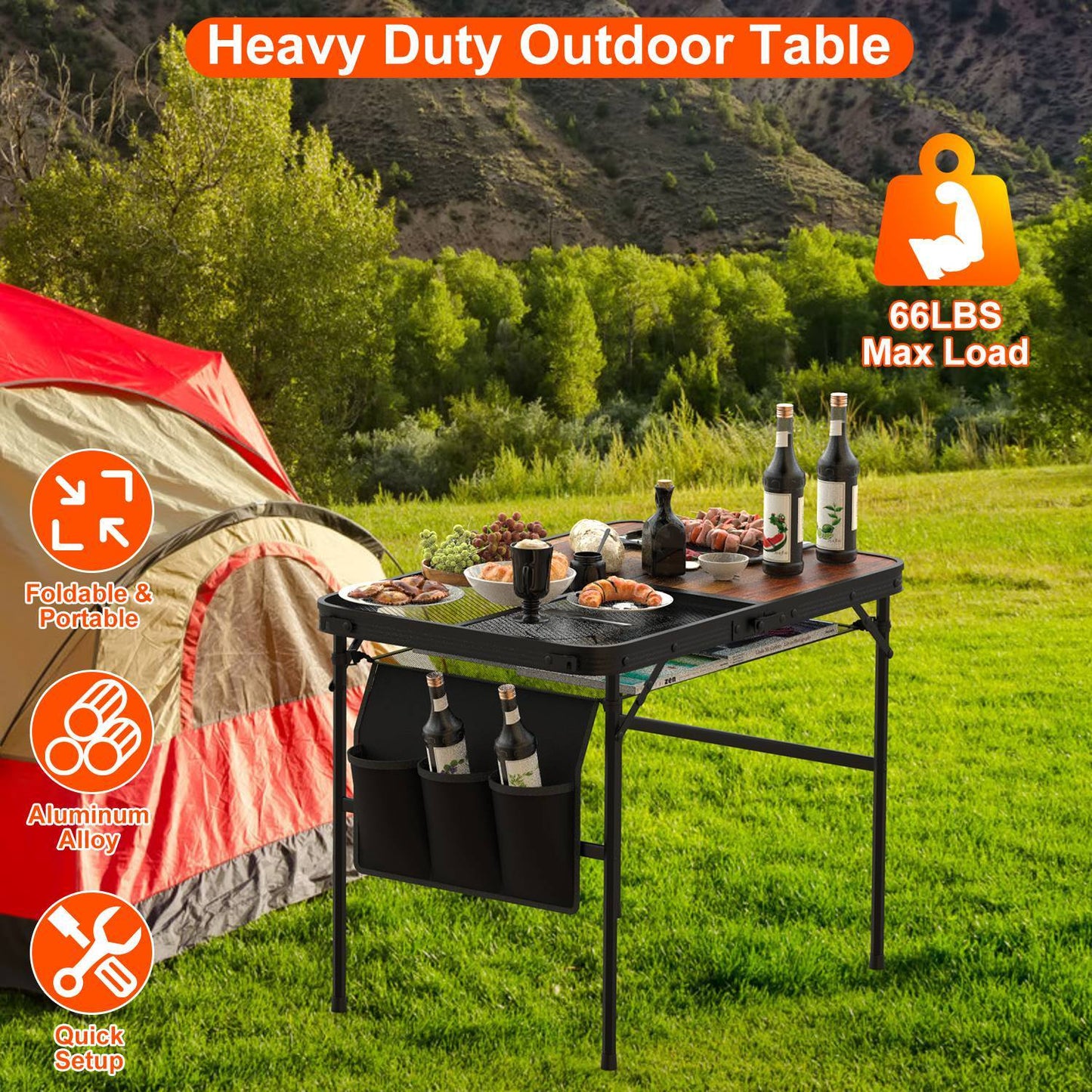 35.43x23.62x26in Foldable Camping Table Collapsible Picnic Aluminum Alloy Grill Stand 66LBS Max Load Height Adjustable BBQ Table With Adjustable Height Storage Net