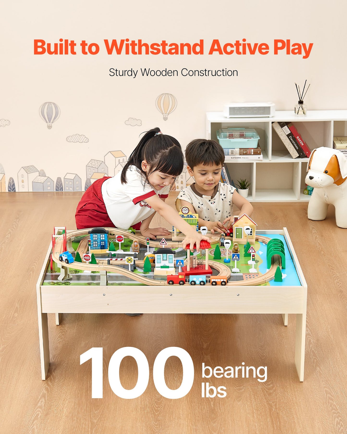 Train Table, 84 Multicolor Pieces Wooden Kids Activity Table With Collapsible Storage Bin, 3-in-1 Wooden Train Set For Gaming, Drawing, Reading, Eating, Creative Toy Set For Kids Ages 3+