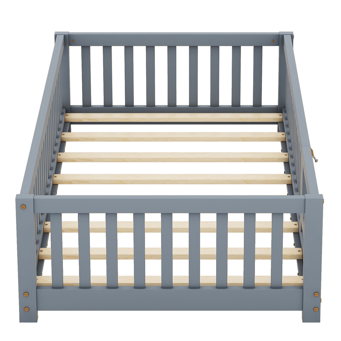 Twin Size Bed Floor Bed With Safety Guardrails And Door For Kids, Gray