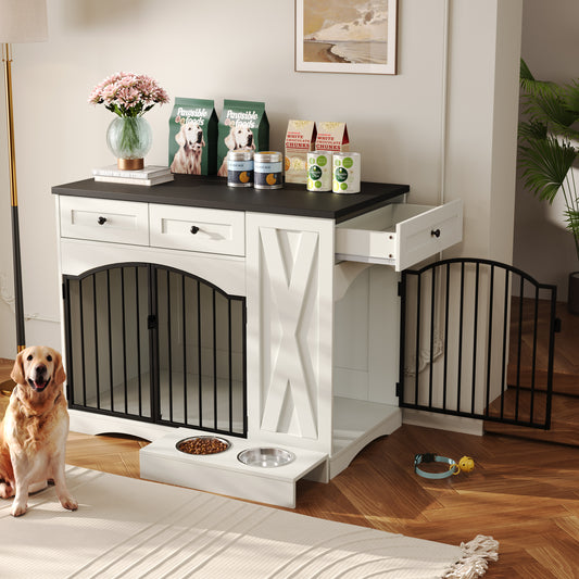 GO 43.3 Farmhouse Dog Crate Furniture, Heavy Duty Dog Crate With 3 Drawers, Indoor Wooden Dog Kennel With Removable Feeder, Dog Cage End Table For  Medium Large Dogs, White